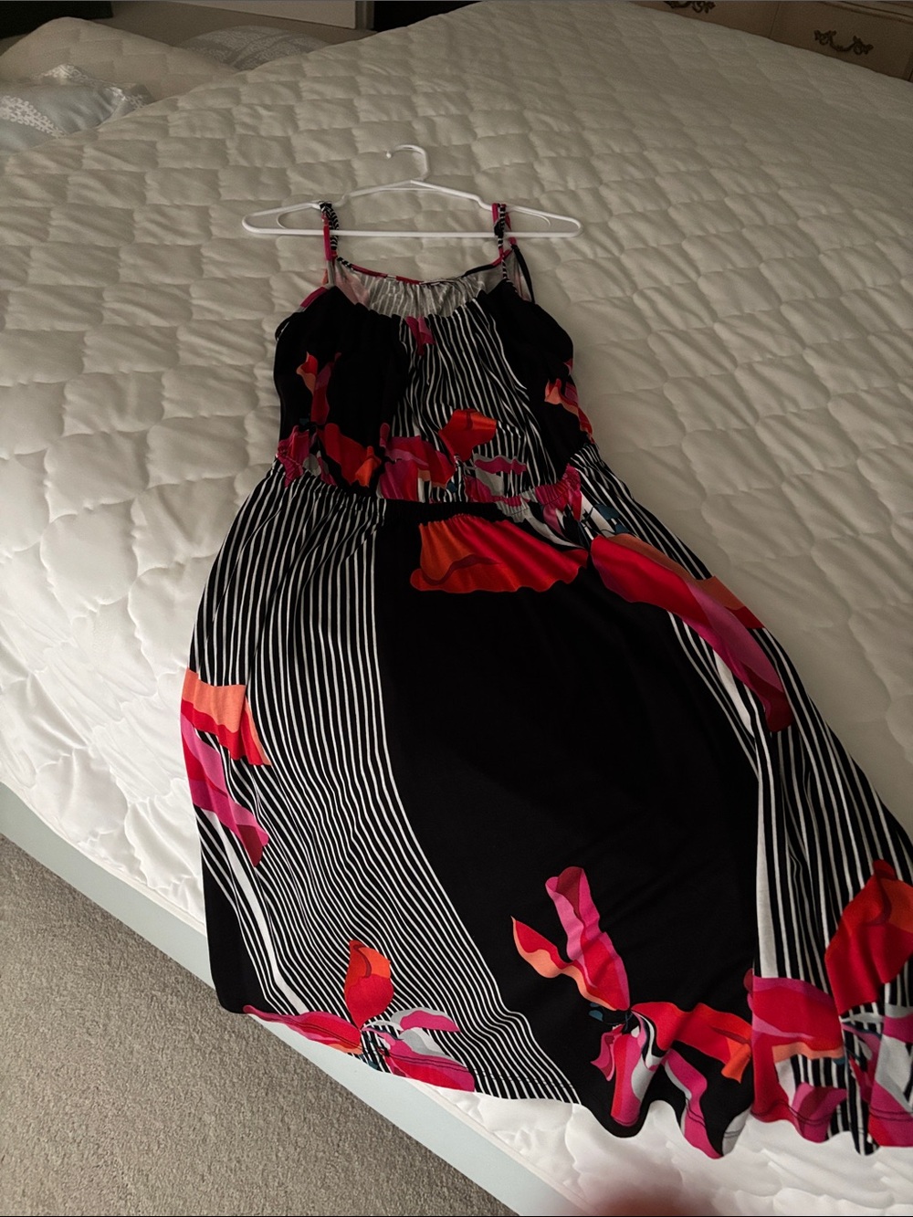 Black Midi Dress with Pink & Red Floral Print
